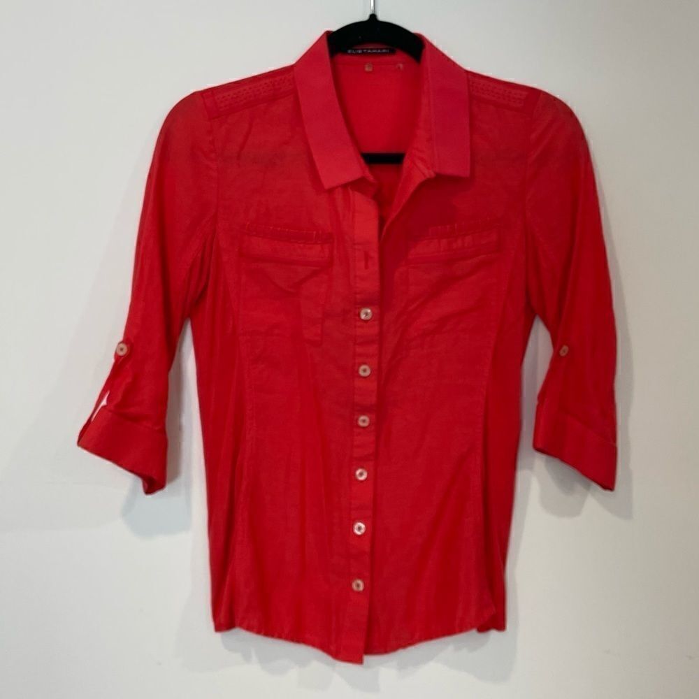 Elie Tahari Red Cotton/Silk Button Up 3/4 Sleeves Top Shirt